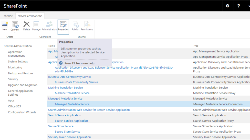 Opening Properties for the Managed Metadata Service