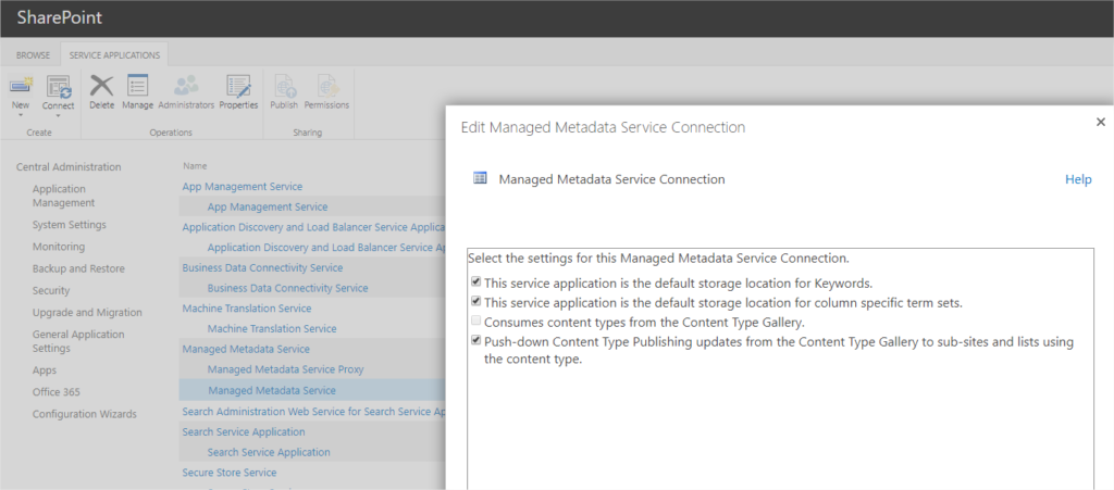 Managed Metadata Service Connection properties