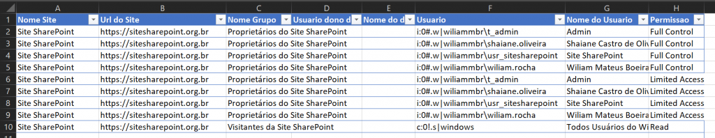 Report after being exported (in Brazilian Portuguese) - Export user permissions in SharePoint