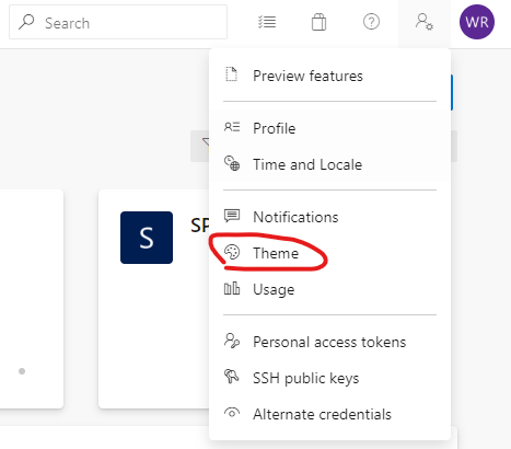 Theme option in menu - Dark theme in Azure DevOps