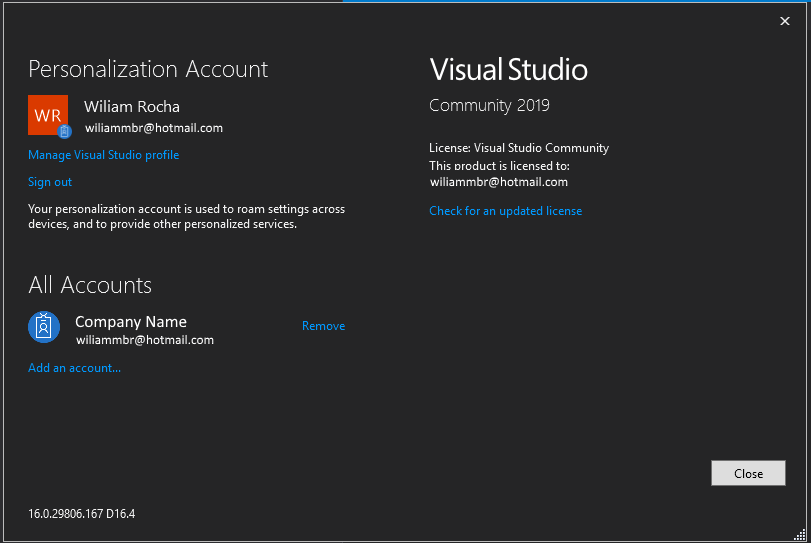 Available account options - Manage accounts in Visual Studio 2019