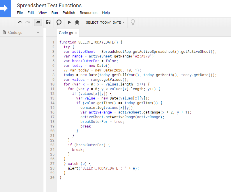 The Script editor - Jump to current date cell on Open in Google Sheets