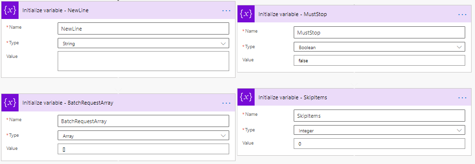 Initializing variables - Batch insert items in SharePoint with Power Automate