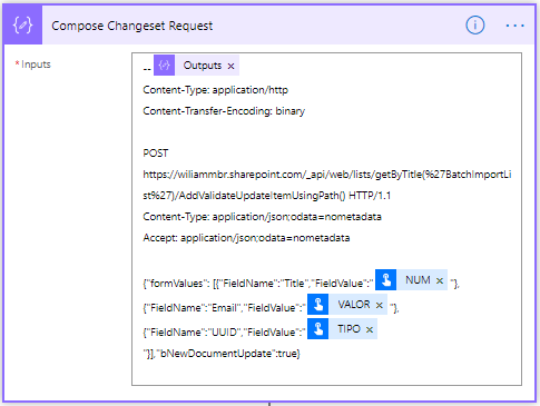 Compose the changeset requset for current data - Batch insert items in SharePoint with Power Automate