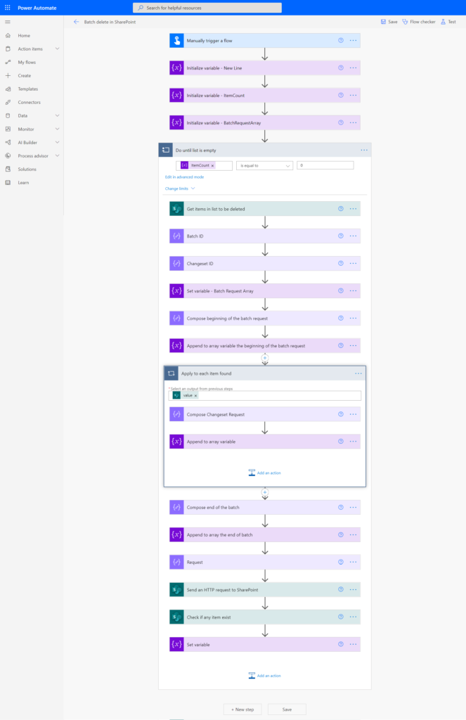 The complete flow - Batch delete items in SharePoint with Power Automate