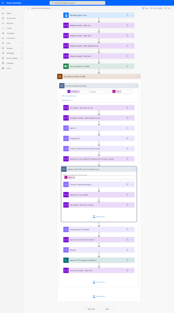 The complete flow - Batch insert items in SharePoint with Power Automate